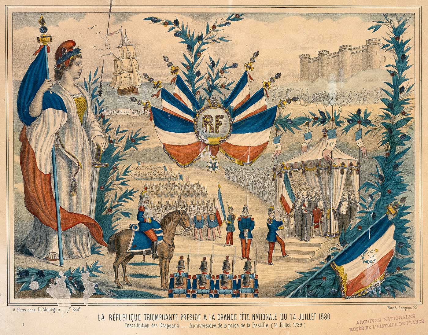 Lithographie évoquant la revue de Longchamp du 14 juillet 1880. La République en déesse guerrière, la liturgie militaire est en marche.